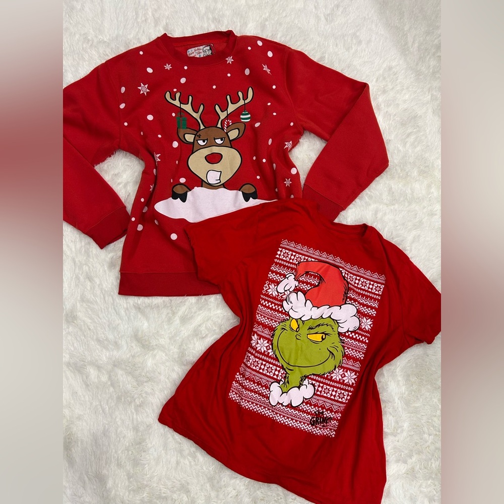 Red Kids Christmas Shirts - Reindeer & Grinch